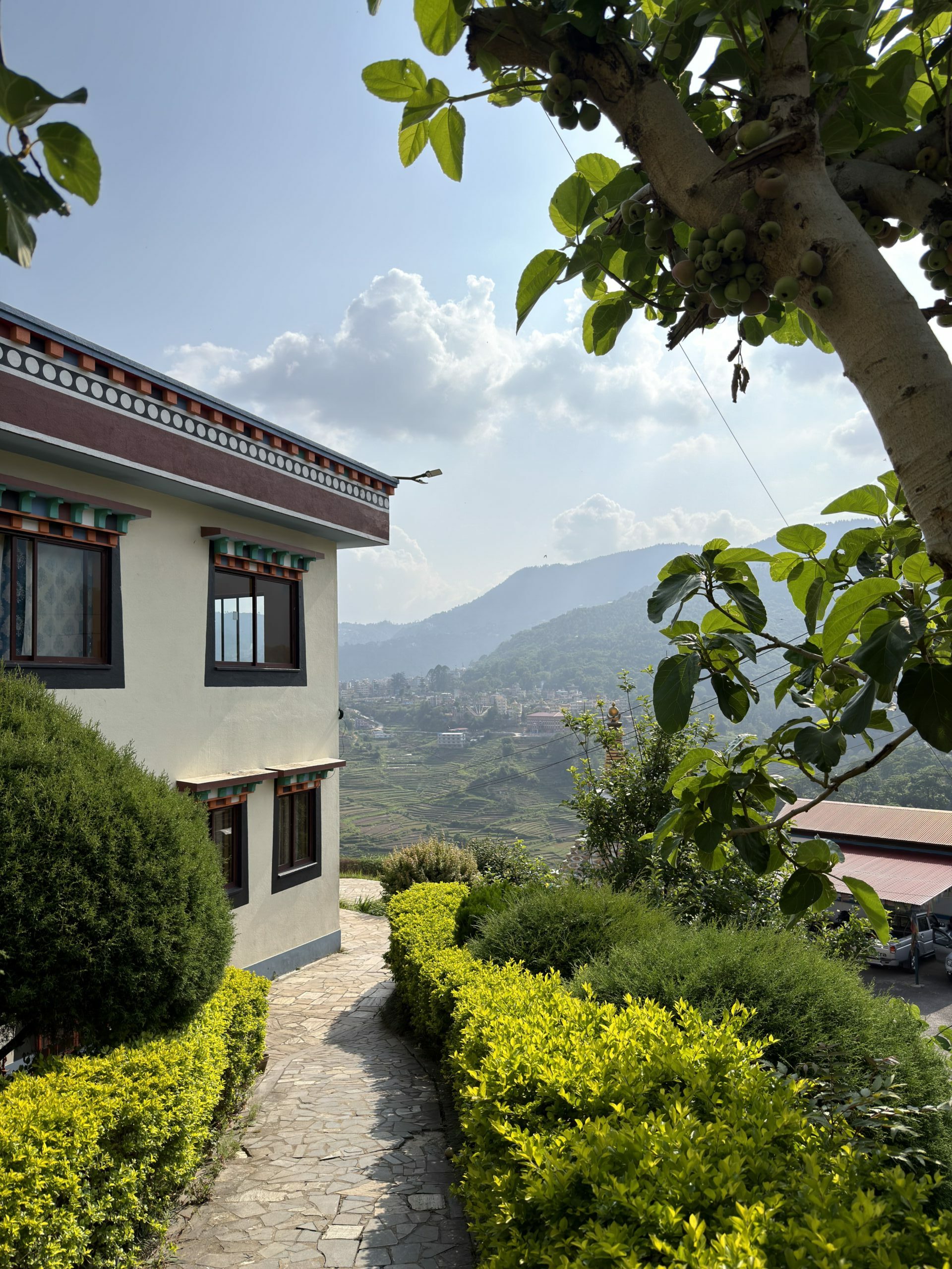 Neydo Monastery overlooking the green hills of Pharping, Nepal