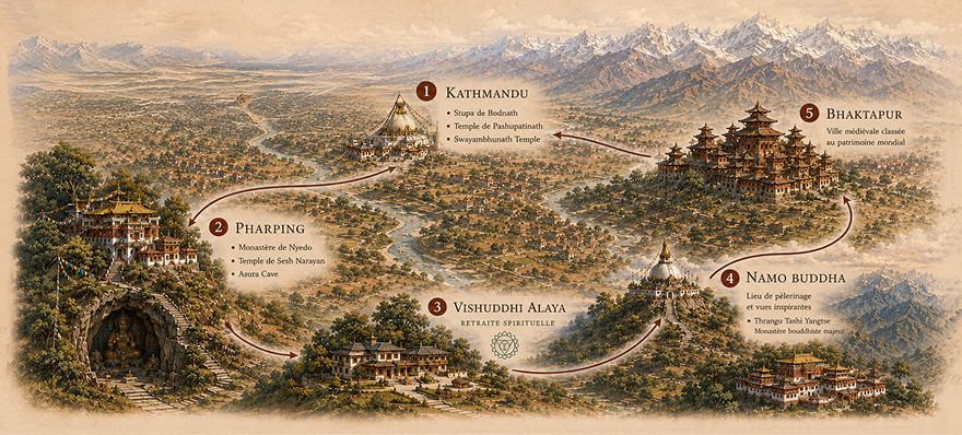 Carte de l'itinéraire Orion au Népal : Katmandou, Bodnath, Pharping, Namo Buddha, Bhaktapur